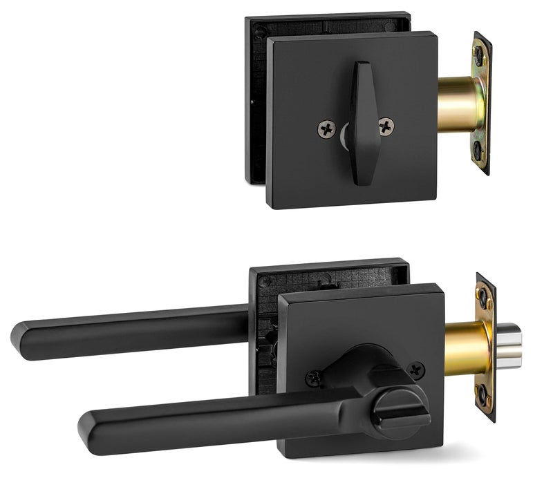 Berlin Modisch Entry Lever Door Handle and Single Cylinder Deadbolt Lock and Key Slim Square Locking Lever Handle Set [Front Door or Office] Right & Left Sided Doors Heavy Duty â€“ Iron Black Finish - Image 2